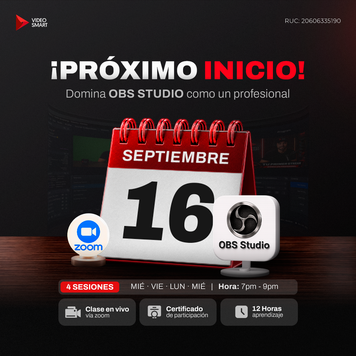 Próximo inicio del taller de OBS Studio: 16 de septiembre